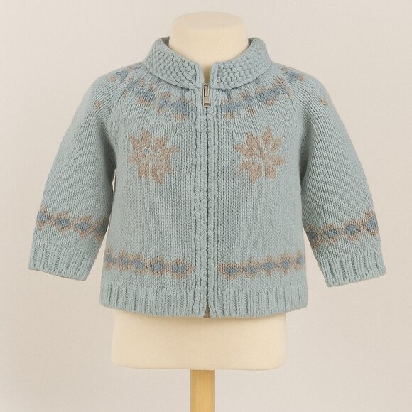 Vintage Baby GAP 2XL 2T Blue Wool Blend Knit Zip Sweater Fair Isle Snowflake - Picture 1 of 5